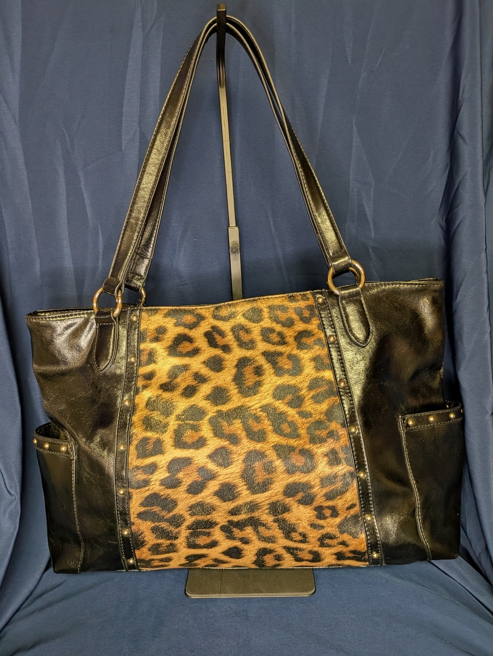 Franco Sarto Large Black Leather Tote Leopard Print Accents | Laptop Bag | 17x11
